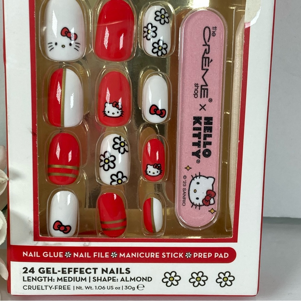 Hello Kitty xCrème Shop 24 Gel Effect Press On Nails Medium Almond Red White NEW - Picture 3 of 4